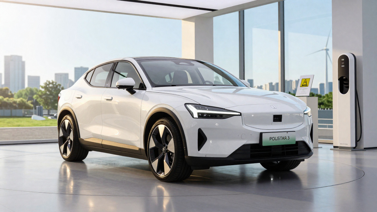 Carro elétrico branco Polestar 3 exposto em showroom moderno com estação de carregamento.