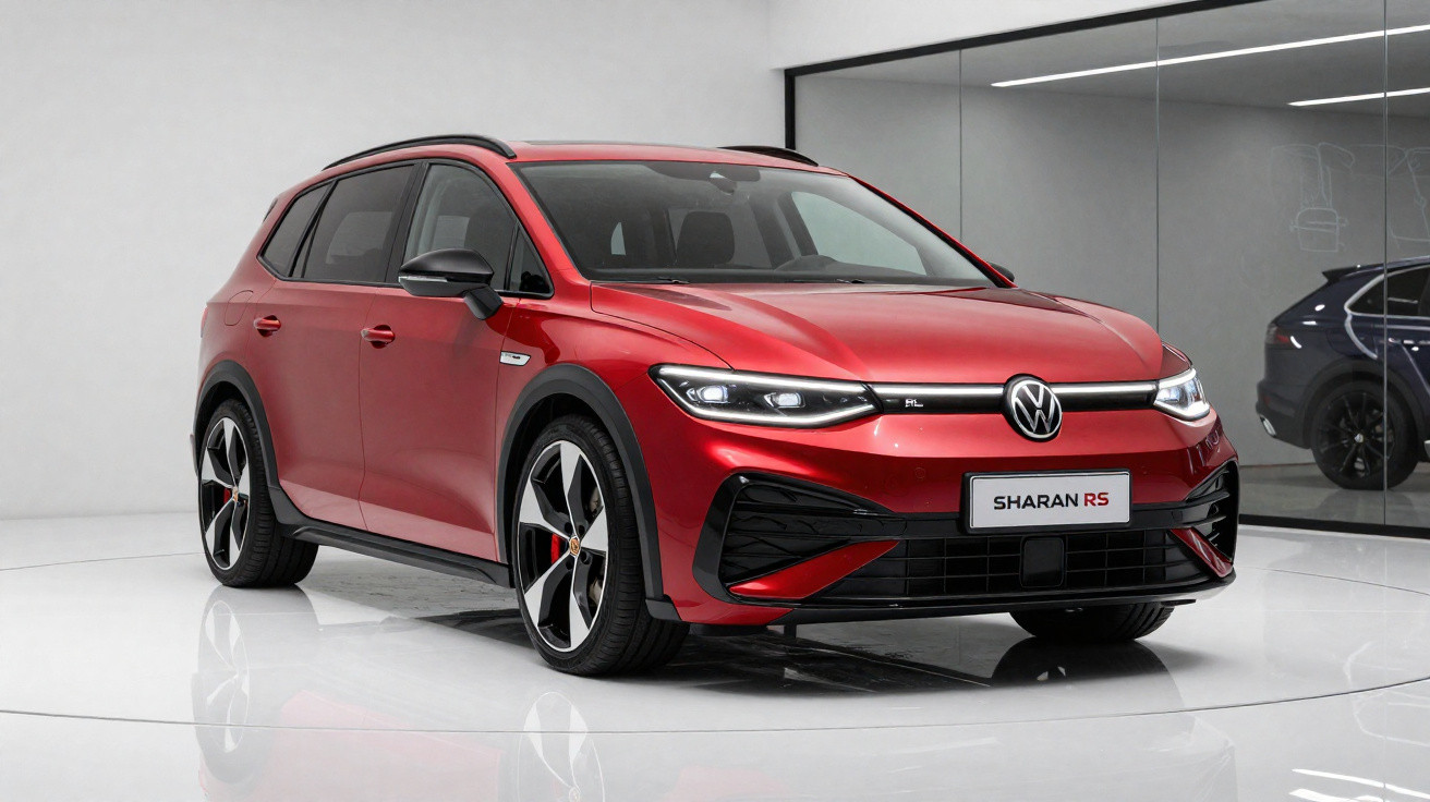 Carro Volkswagen Sharan RS vermelho em estúdio com parede branca e espelho ao fundo.