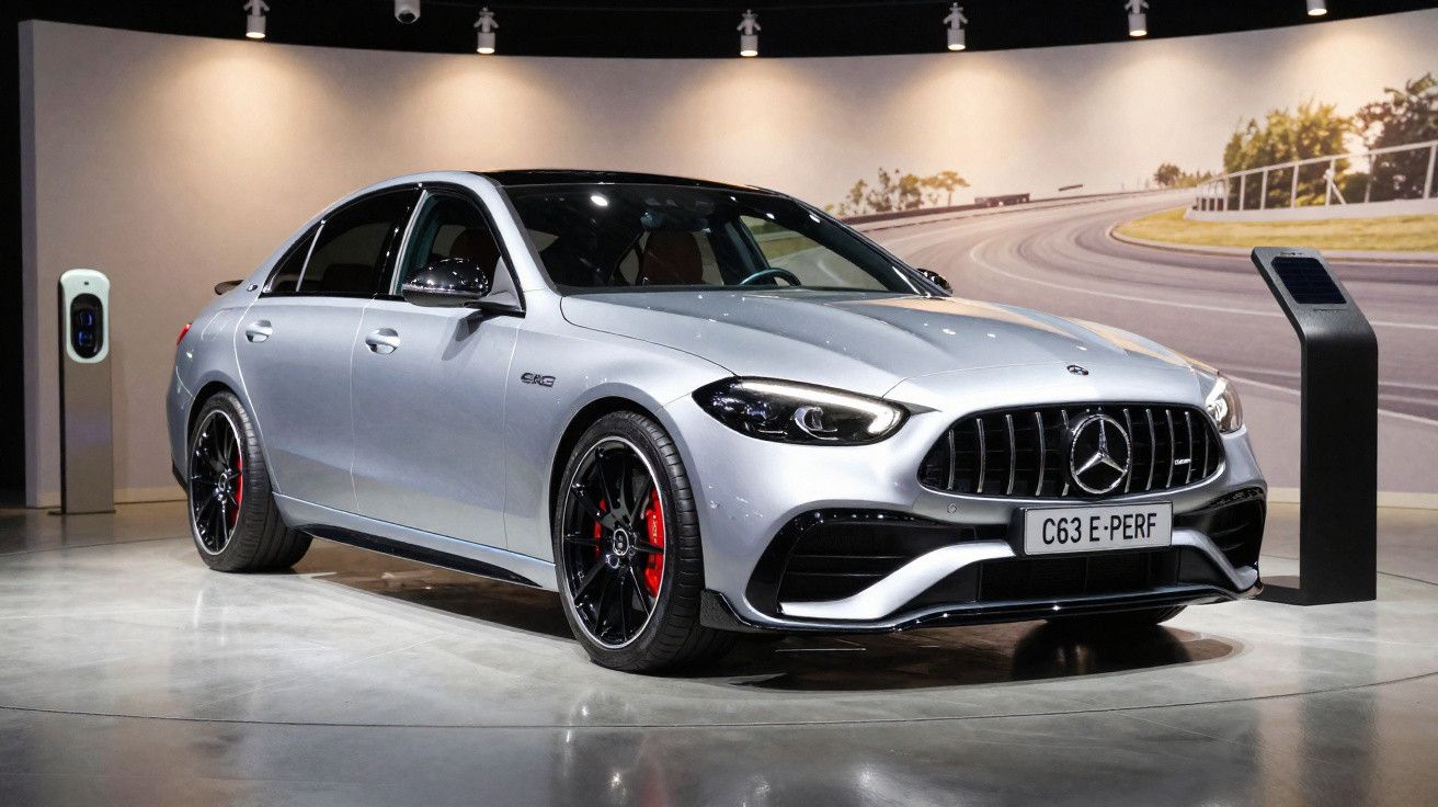 Carro prata Mercedes-Benz C63 AMG exibido em salão, com rodas pretas e freios vermelhos.