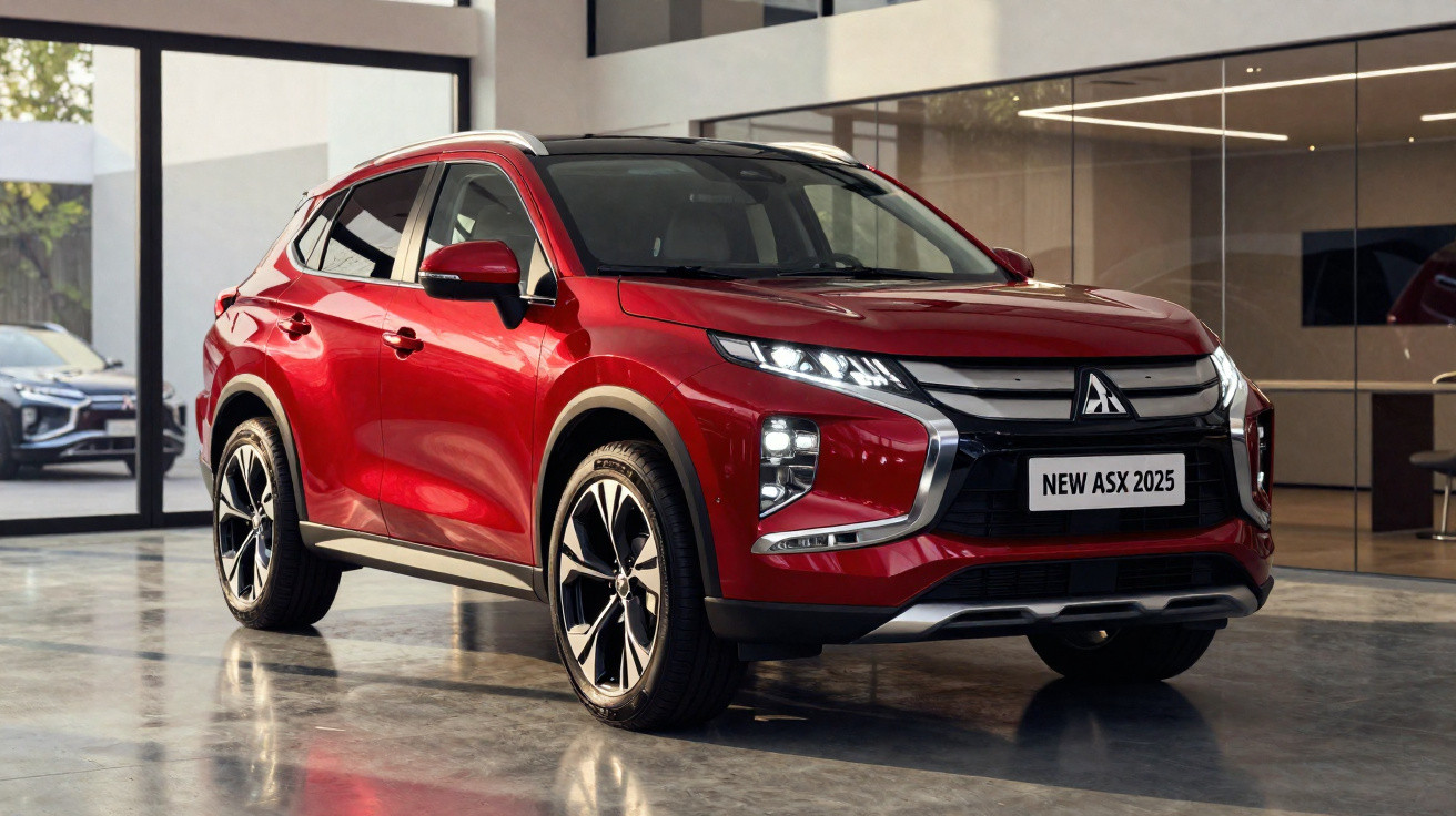 SUV vermelho Mitsubishi ASX 2025 estacionado em showroom moderno com piso refletivo.