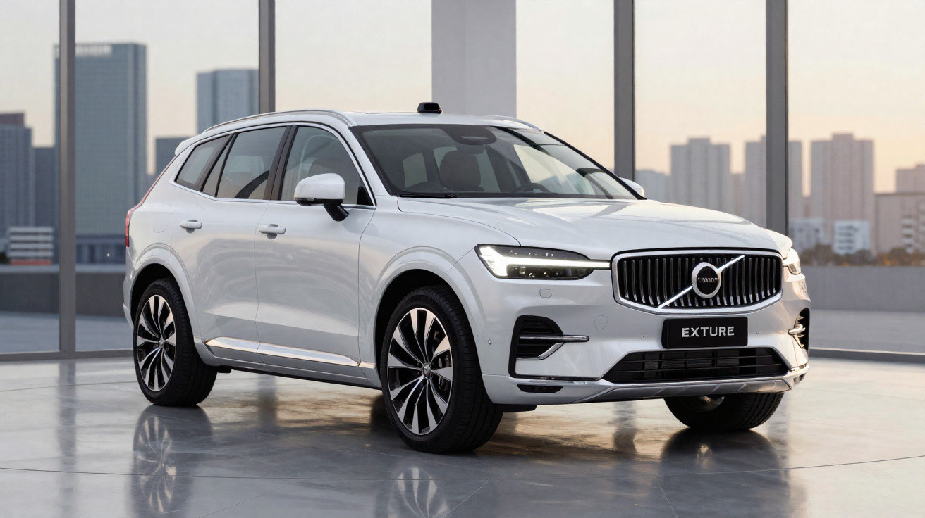 SUV Volvo branco modelo Exture estacionado em ambiente interno com janelas e vista para prédios urbanos.