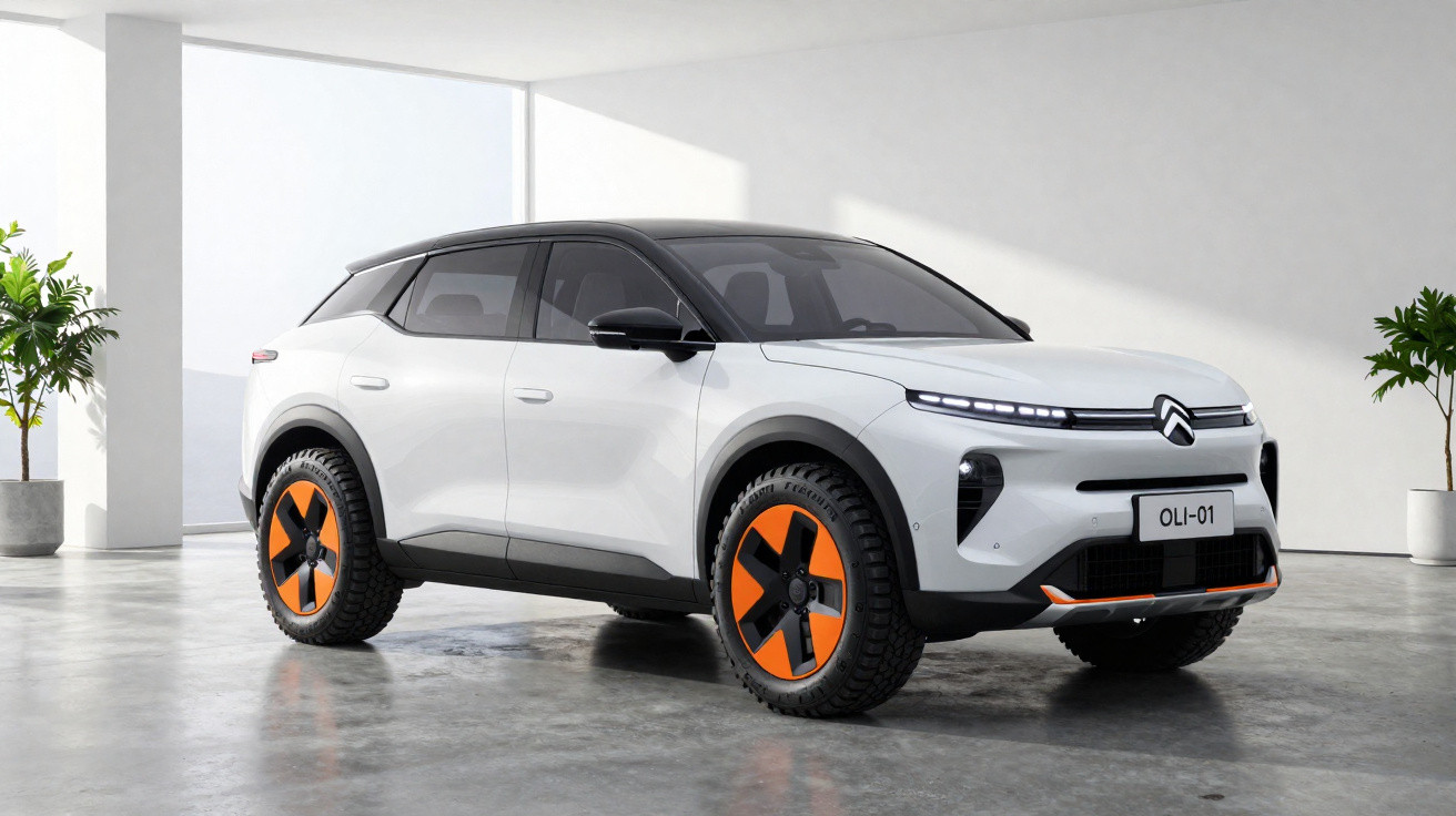 SUV branco com detalhes laranja e teto preto em ambiente interno minimalista com plantas em vasos.
