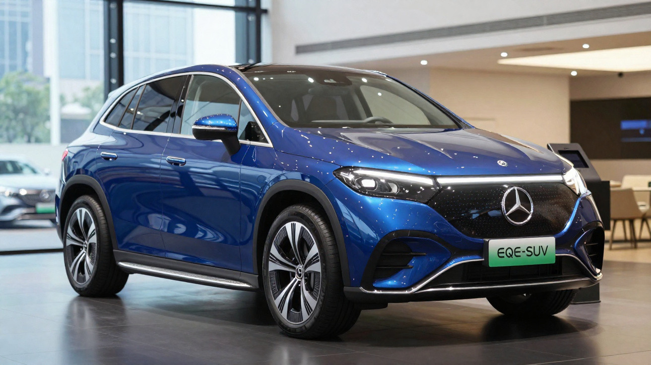 Carro azul Mercedes-Benz EQE SUV elétrico em exposição em ambiente interno moderno.
