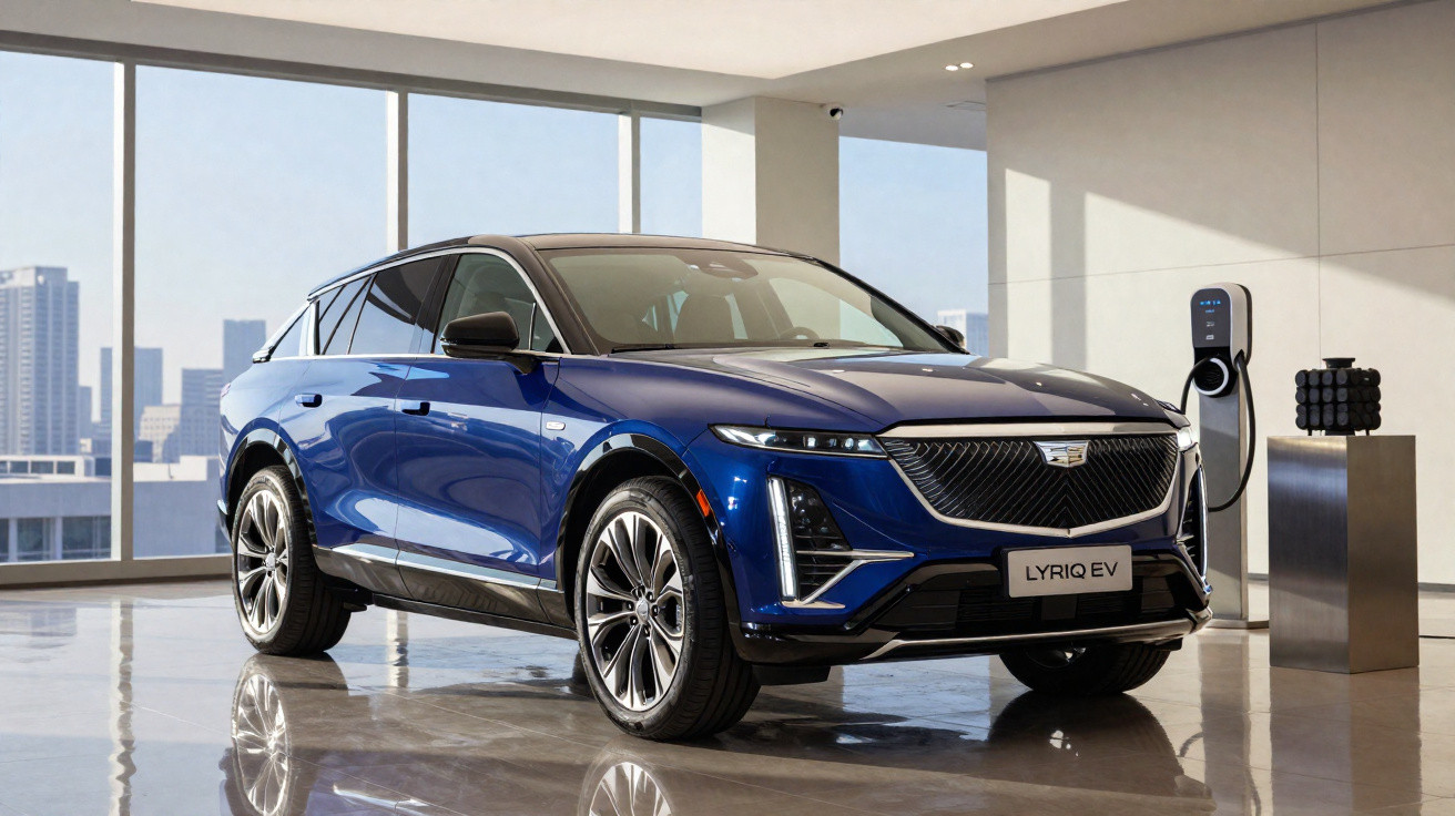 Carro elétrico azul Cadillac Lyriq EV estacionado ao lado de carregador em ambiente interno moderno.