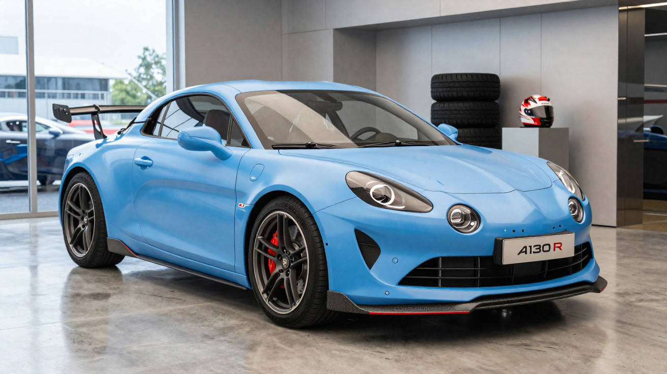 Carro esportivo azul Alpine A110 R estacionado em showroom com capacete e pneus ao fundo.