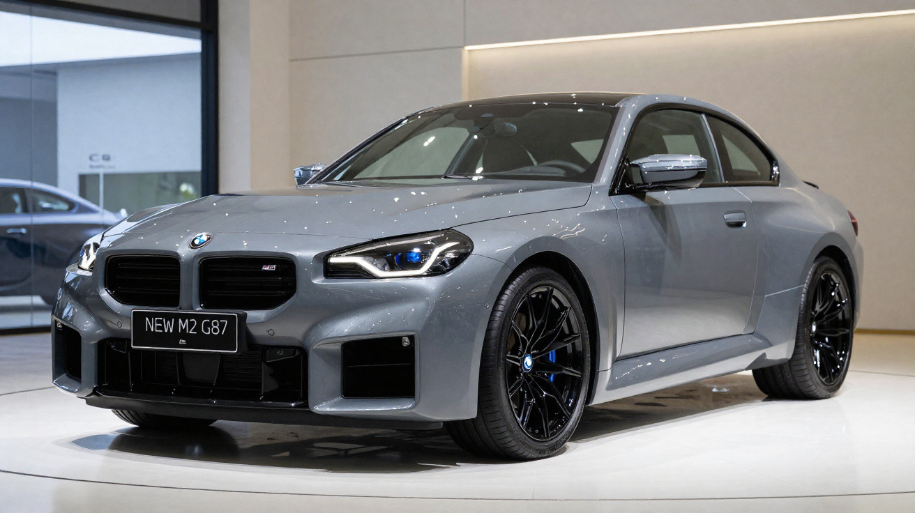 Carro esportivo BMW M2 G87 cinza apresentado em ambiente interno com rodas pretas e design moderno.