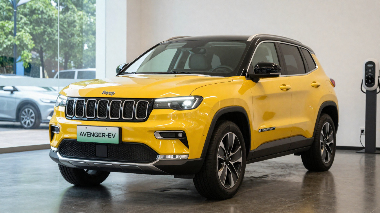 SUV elétrico amarelo modelo Avenger-EV em exposição dentro de showroom moderno.