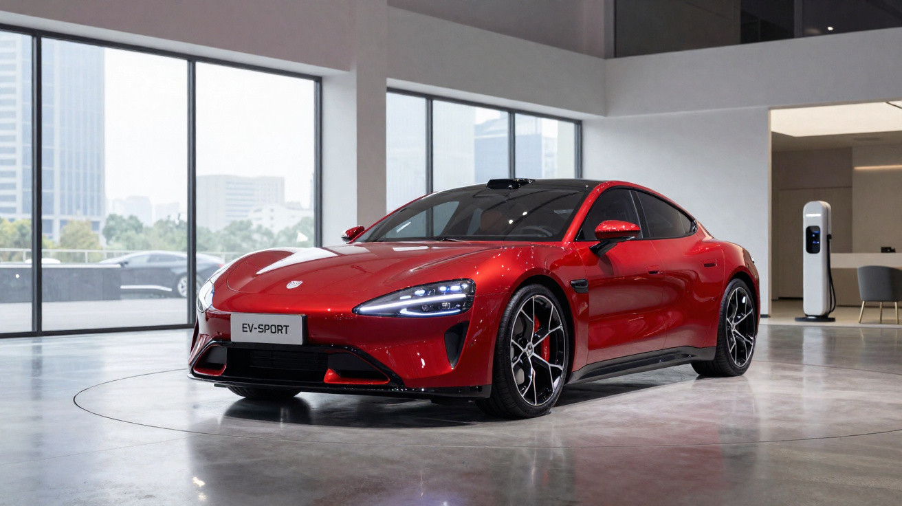 Carro esportivo elétrico vermelho em exposição interna com janela grande ao fundo e estação de recarga.