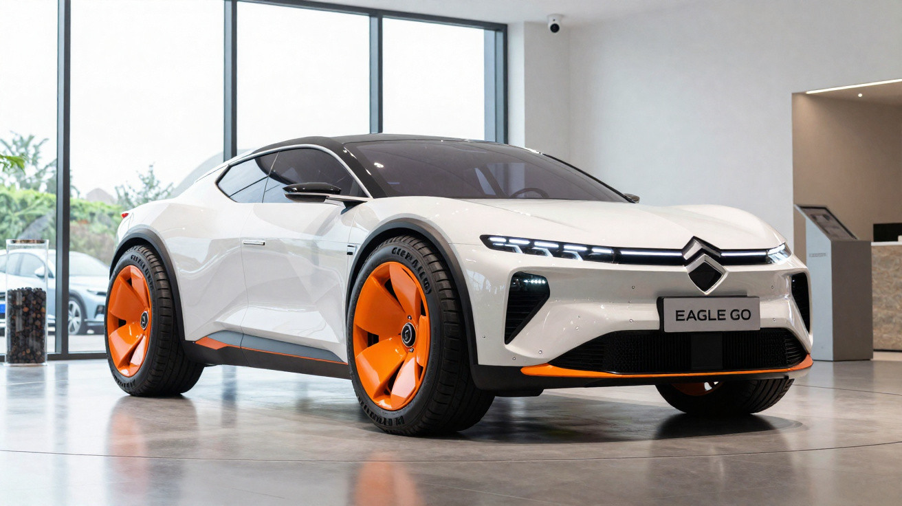 Carro elétrico Citroën Eagle Go branco com detalhes laranja em showroom moderno e iluminado.