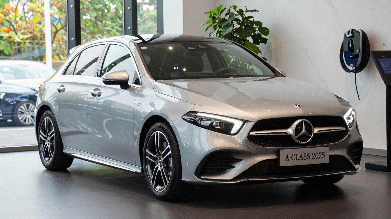 Carro prata Mercedes-Benz A-Class 2025 estacionado em showroom moderno com carregador elétrico na parede.