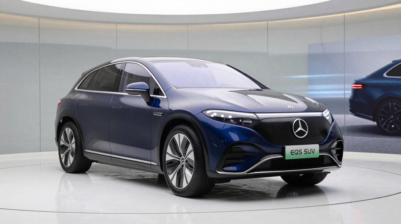 Carro elétrico Mercedes-Benz EQS SUV azul exibido em ambiente moderno e iluminado para apresentação.