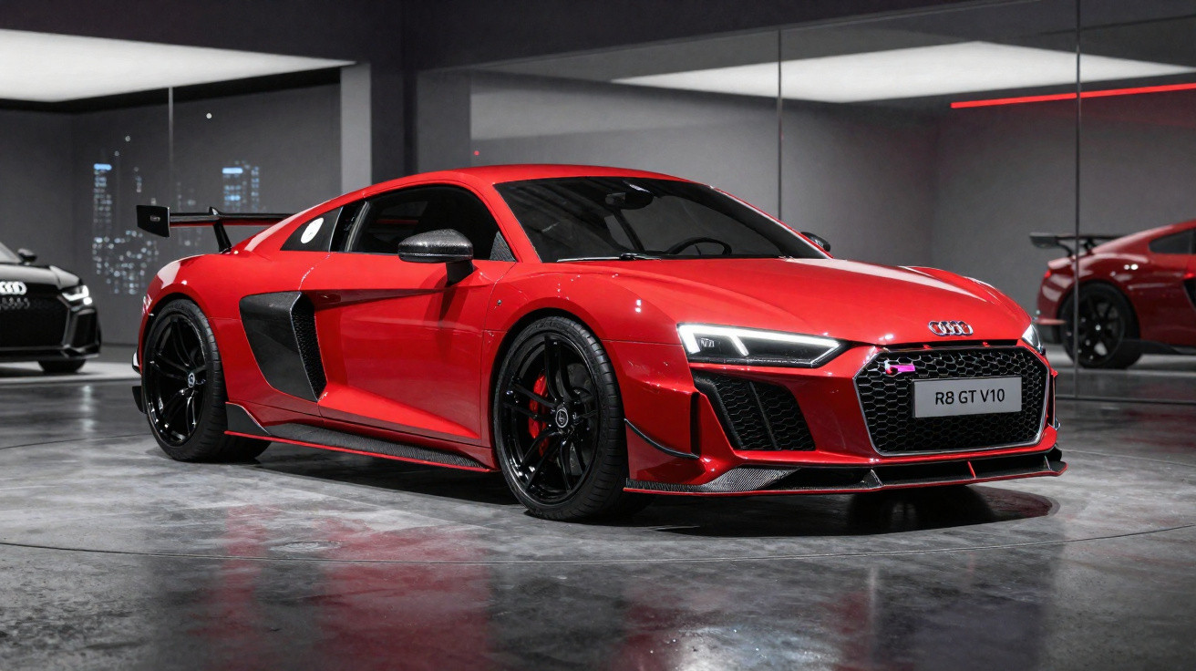 Audi R8 GT V10 vermelho em garagem moderna com paredes espelhadas e iluminação suave.