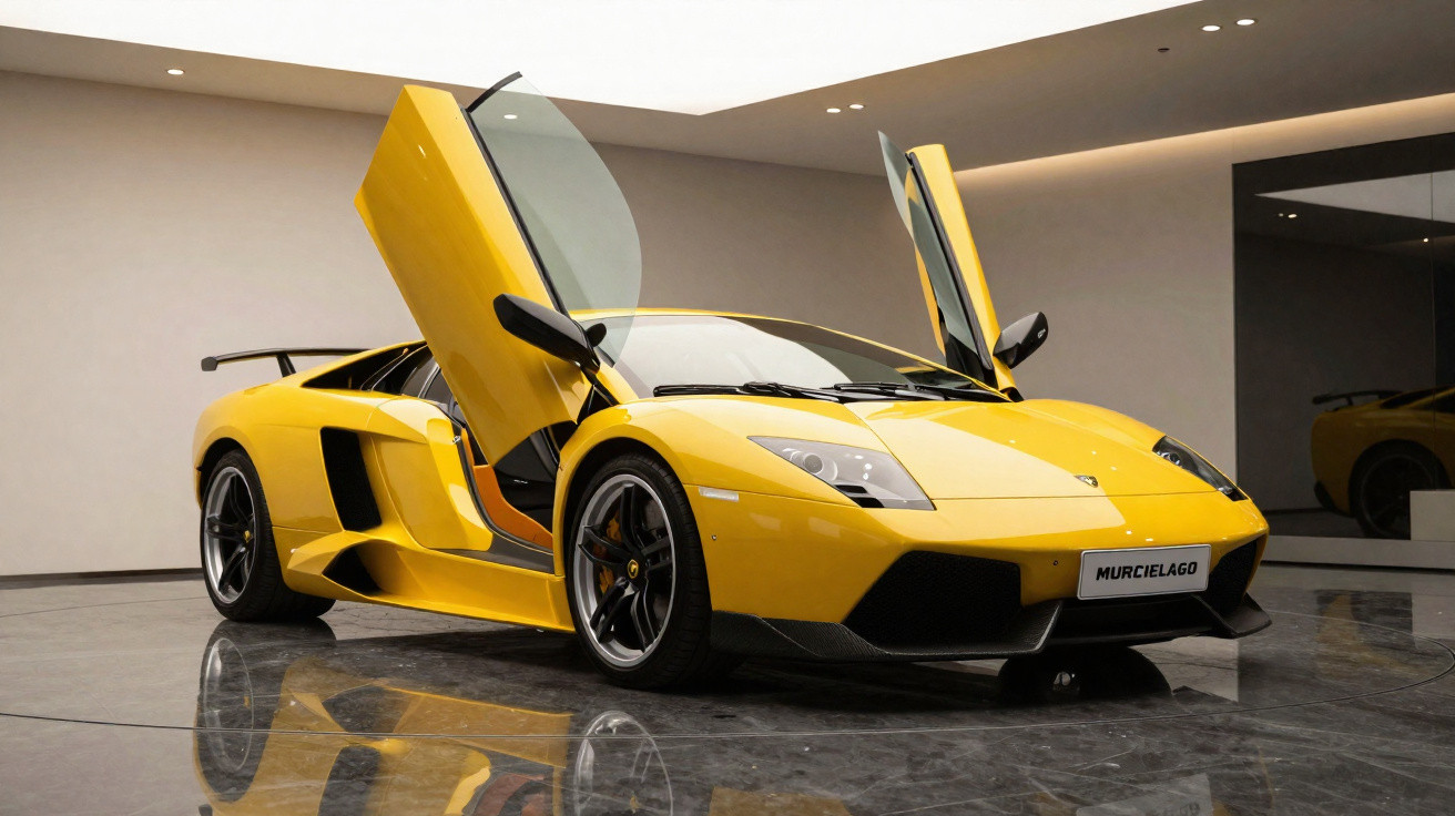 Carro esportivo amarelo Lamborghini Murciélago com portas estilo tesoura abertas em showroom moderno.