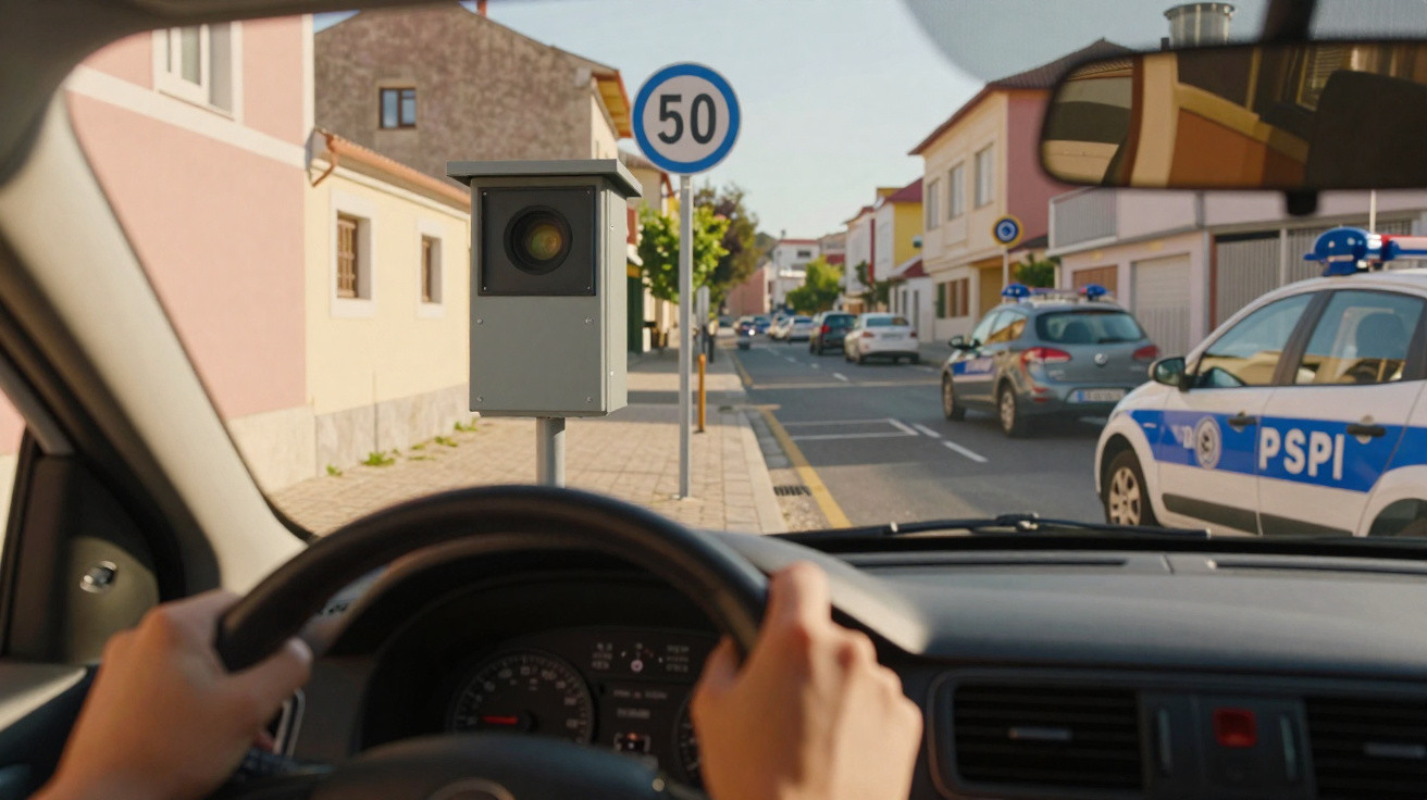 Vista do interior de um carro com foco em um radar de velocidade e placa de limite de 50 km/h na rua.