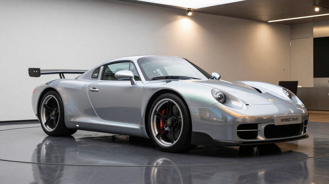 Carro esportivo prata Porsche 959SC EVO estacionado em salão moderno com iluminação suave.