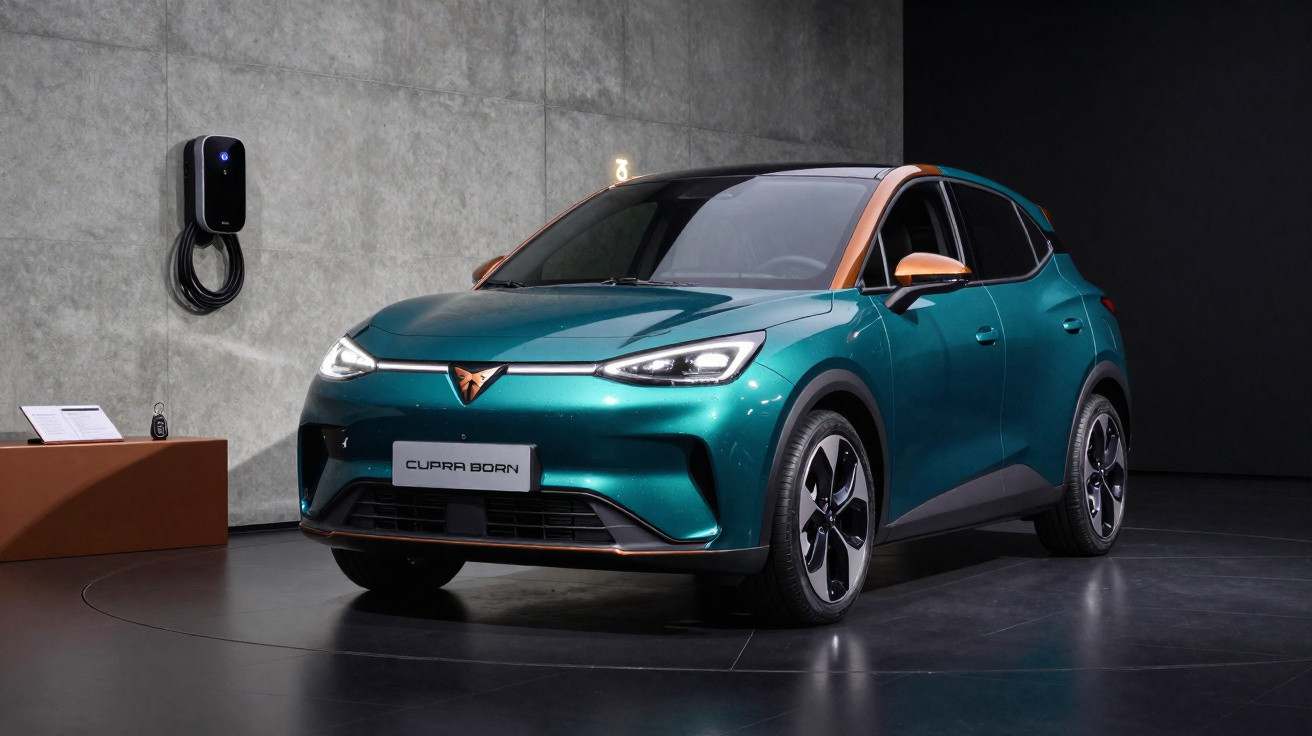 Carro elétrico Cupra Born verde com detalhes em cobre em exposição, com carregador na parede.