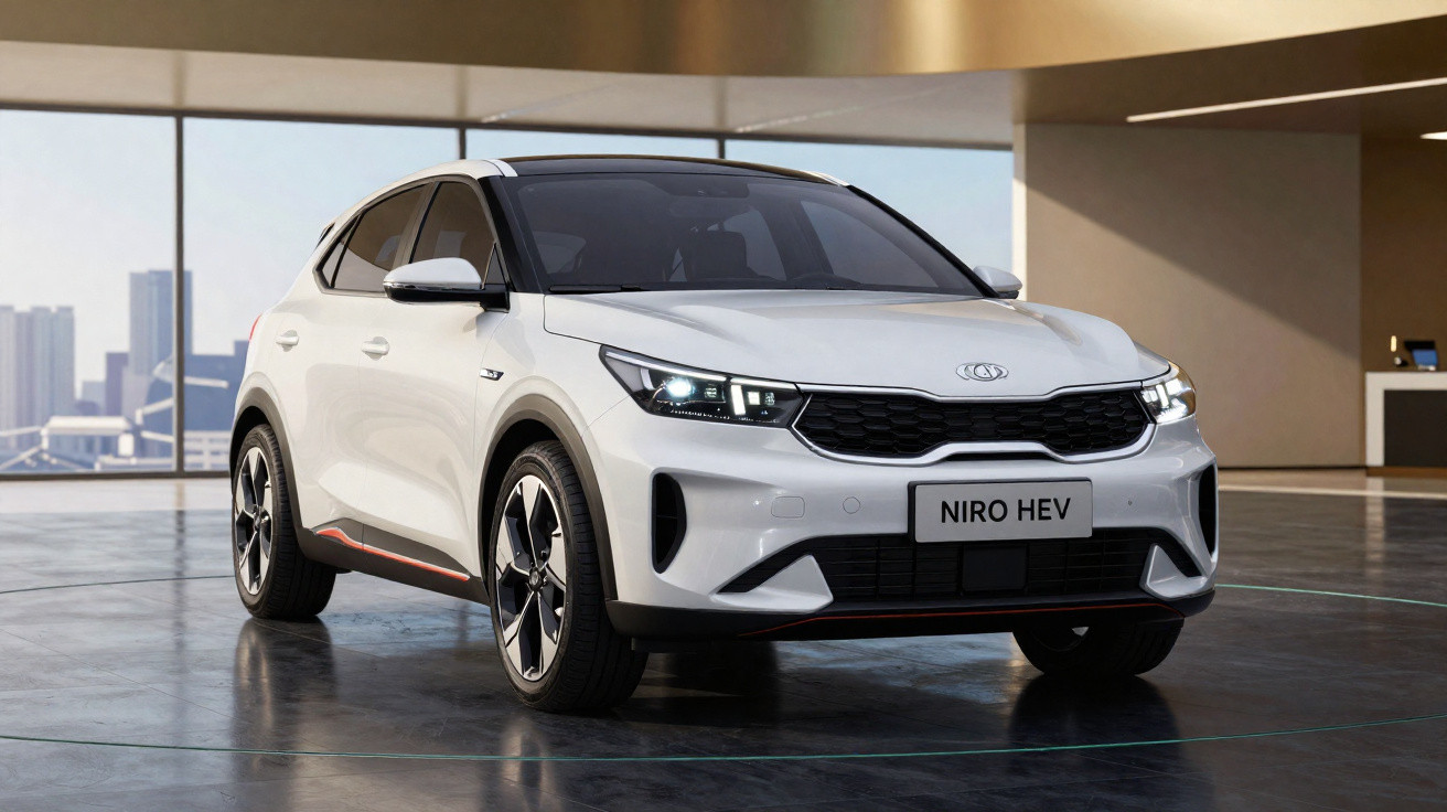 Carro branco Kia Niro HEV estacionado em ambiente interno moderno com janelas grandes.