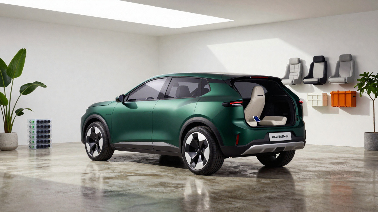Carro elétrico verde estacionado em ambiente interno moderno com porta-malas aberto e bancos suspensos na parede.