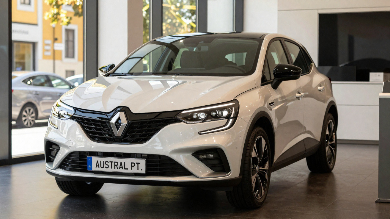 Carro branco Renault modelo Austral exibido em showroom com iluminação natural.