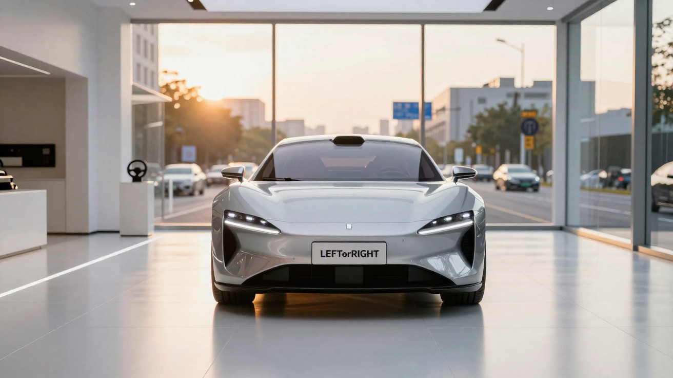 Carro esportivo elétrico branco exibido em showroom moderno com grandes janelas e iluminação natural ao pôr do sol.
