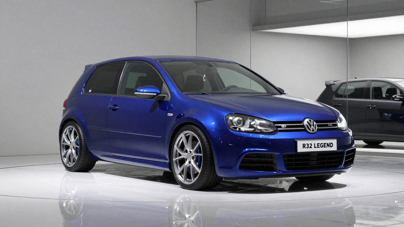 Carro Volkswagen R32 Legend azul estacionado em ambiente interno com piso espelhado.