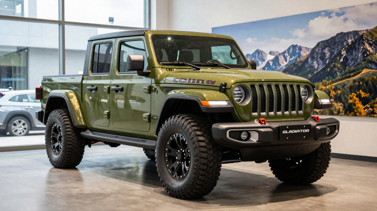 Picape Jeep Gladiator verde exibição em showroom com paisagem de montanhas ao fundo.