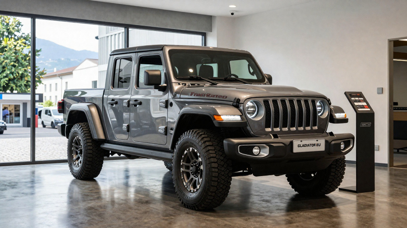 Picape Jeep Gladiator Trail Rated cinza exibida dentro de showroom moderno e iluminado.