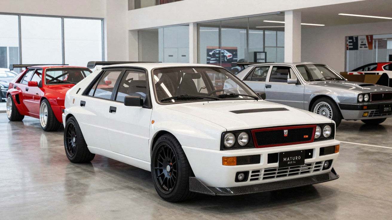 Carros esportivos clássicos em exposição interna com destaque para um modelo branco em primeiro plano.