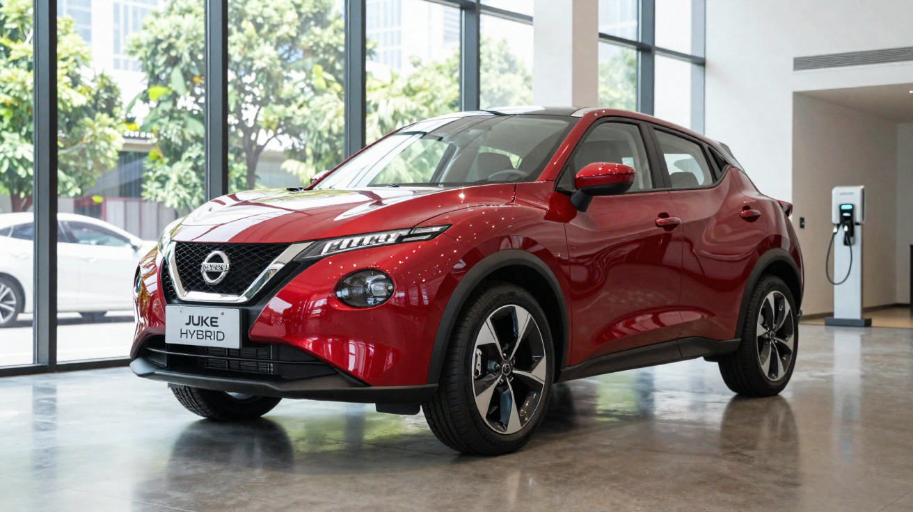 Carro Nissan Juke Hybrid vermelho estacionado em showroom moderno com carregador elétrico ao fundo.