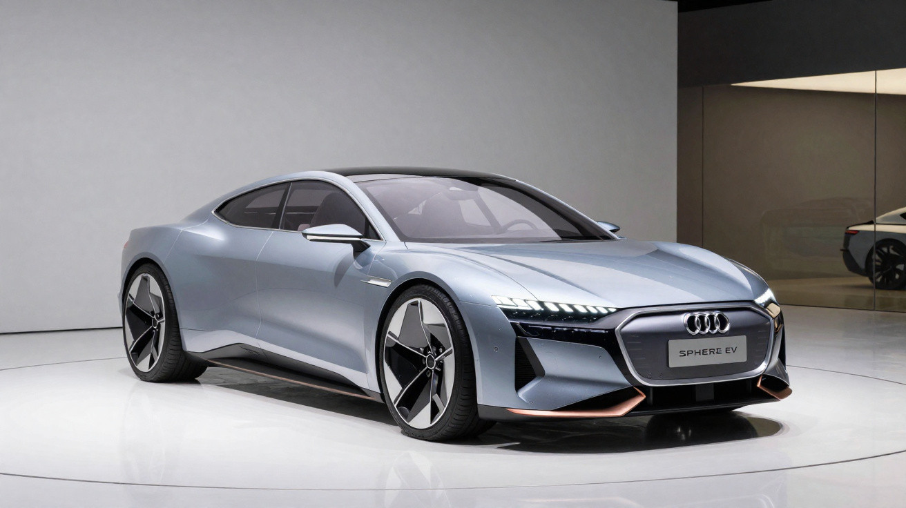 Carro elétrico esportivo Audi Sphere EV prata exibido em ambiente interno com piso branco.