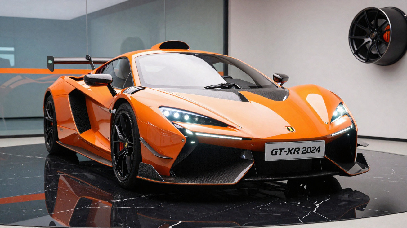 Carro esportivo laranja GT-XR 2024 com design aerodinâmico em exibição em showroom moderno.