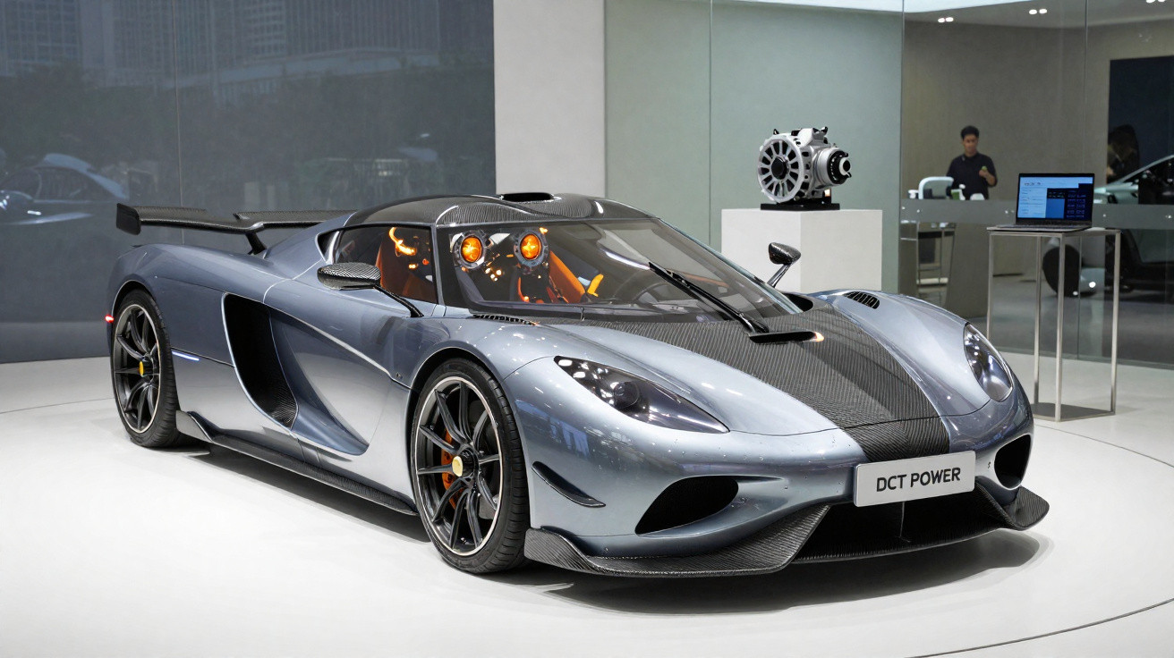 Carro esportivo cinza com detalhes em fibra de carbono exibido em salão de automóveis moderno.