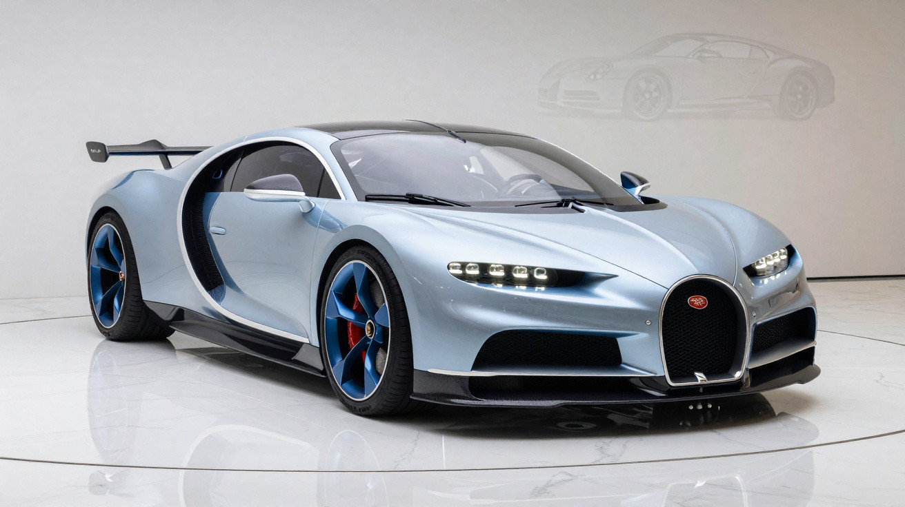 Carro esportivo Bugatti Chiron Pr Blue em estúdio com detalhes em azul e asa traseira.