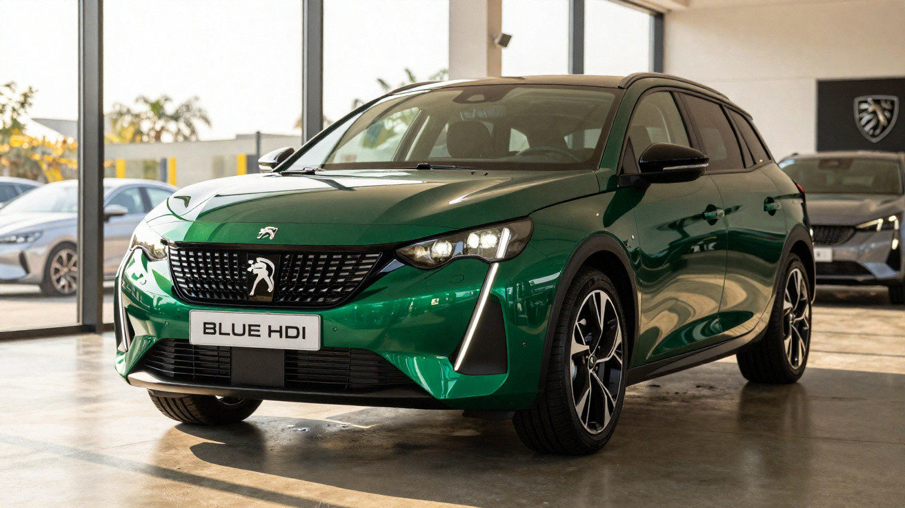 Carro Peugeot verde modelo Blue HDI estacionado em showroom com piso de cimento.