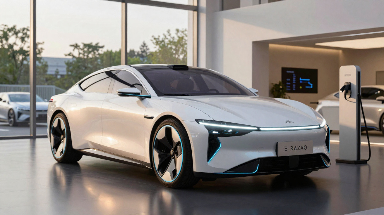 Carro elétrico branco moderno estacionado em ambiente interno com estação de recarga ao fundo.