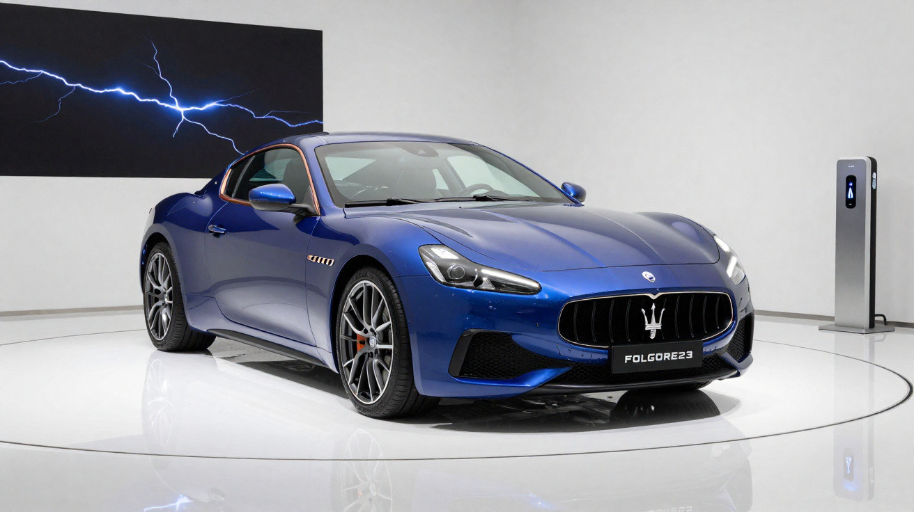 Carro esportivo Maserati azul exibido em plataforma branca com painel de raio e estação de carregamento.