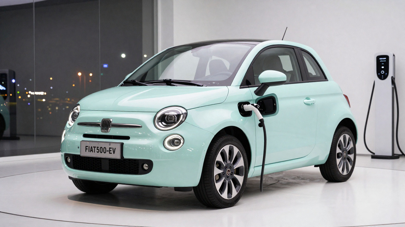 Carro elétrico Fiat 500 EV verde claro sendo carregado em estação interna branca, à noite.