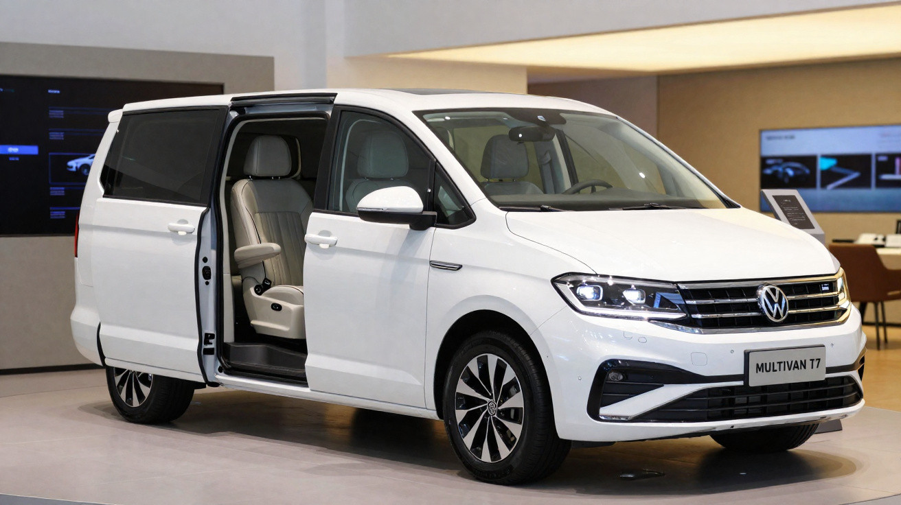 Van branca Volkswagen Multivan T7 com porta lateral deslizante aberta em showroom.