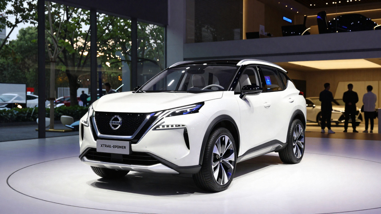 Carro SUV branco Nissan X-Trail e-Power exibido em salão de automóveis com pessoas ao fundo.