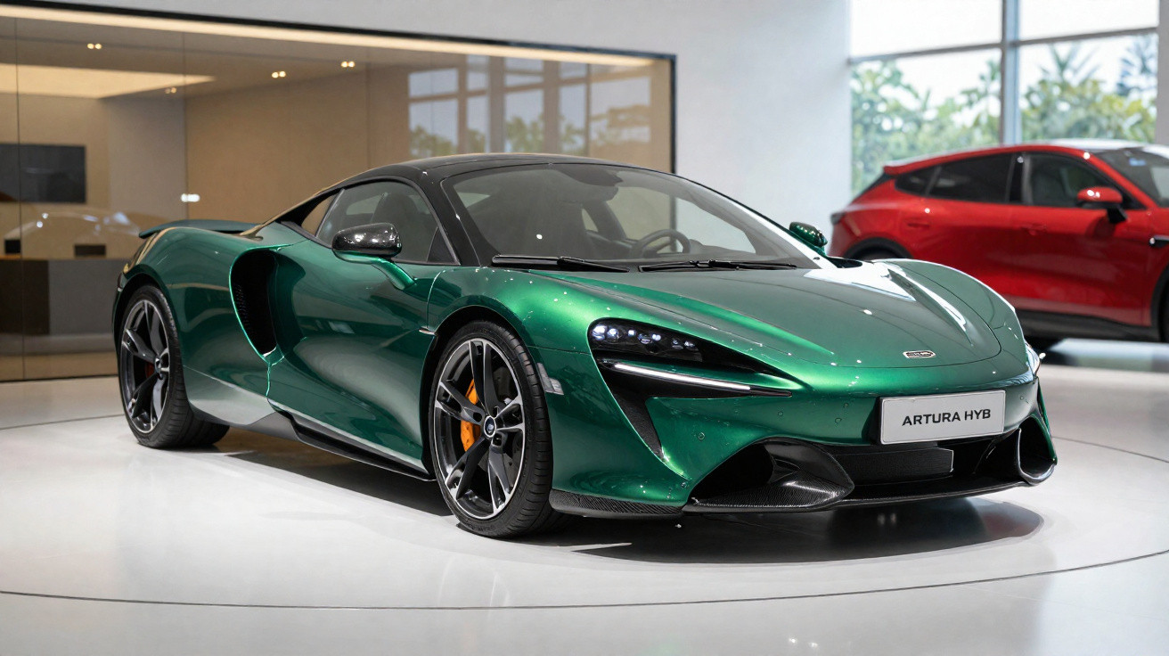 Carro esportivo McLaren Artura híbrido verde metálico exibido em showroom moderno.
