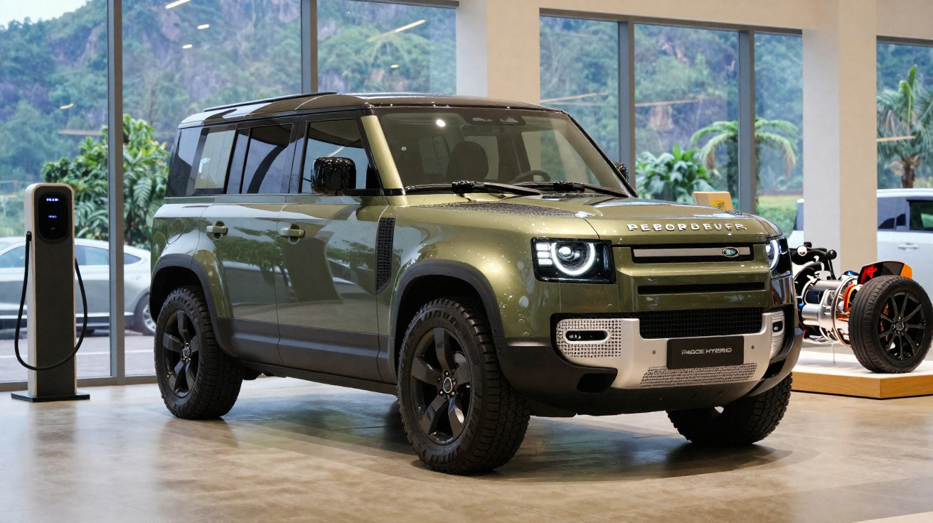 Carro elétrico SUV verde militar em exposição, com estação de recarga ao lado, ambiente interno moderno.