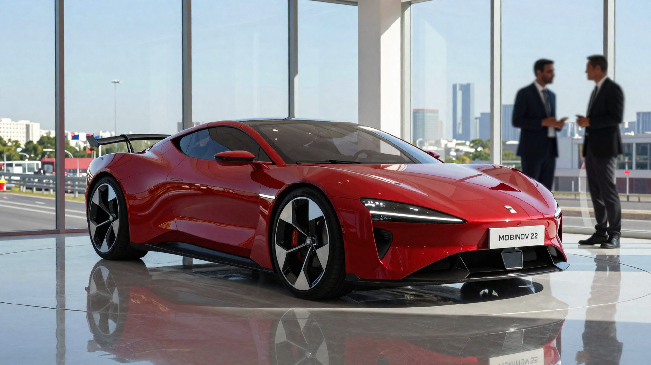Carro esportivo vermelho Mobinov 22 em showroom com duas pessoas conversando ao fundo.