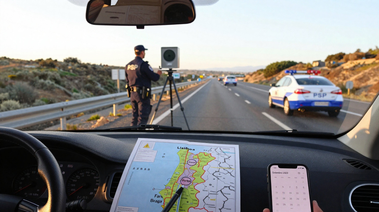Vista do interior de um carro parado na estrada com policial da PSP medindo velocidade na via.