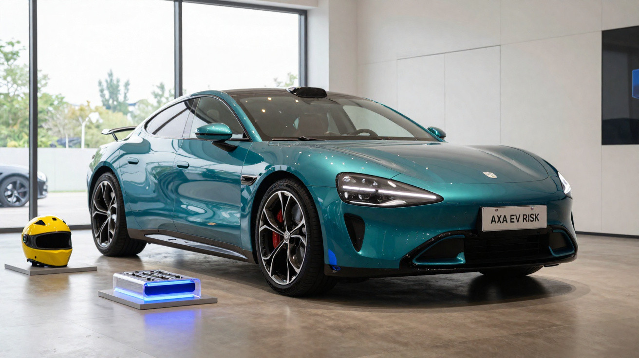 Carro esportivo elétrico azul em exposição interna com capacete amarelo ao lado e placa "AXA EV RISK".