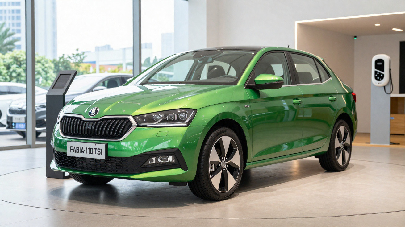 Carro verde metálico Skoda Fabia 110 TSI exposto em showroom moderno com carregador elétrico ao fundo.