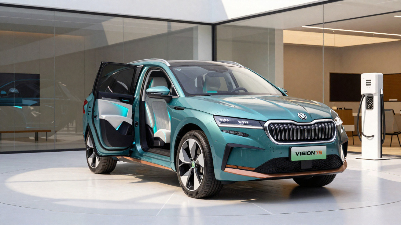 SUV elétrico Skoda Vision 7S azul com porta traseira aberta em showroom moderno.