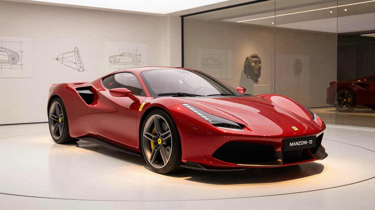 Carro esportivo vermelho Ferrari exibido em ambiente moderno com iluminação direta e reflexos no chão branco.