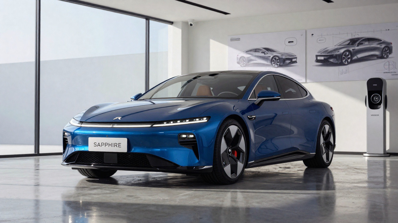 Carro elétrico azul estacionado em showroom moderno com carregador e desenhos de design ao fundo.