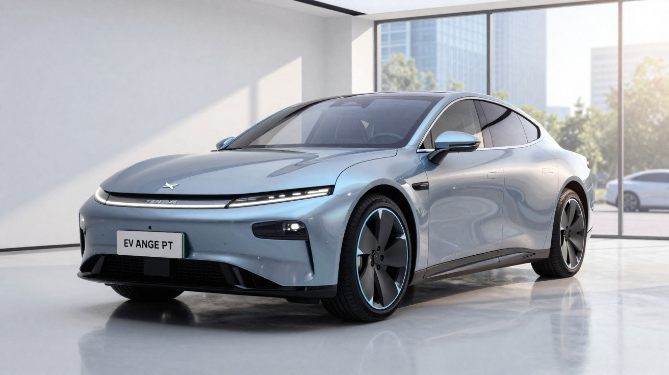 Carro elétrico cinza prata estacionado em ambiente interno iluminado por luz natural, modelo esportivo e moderno.