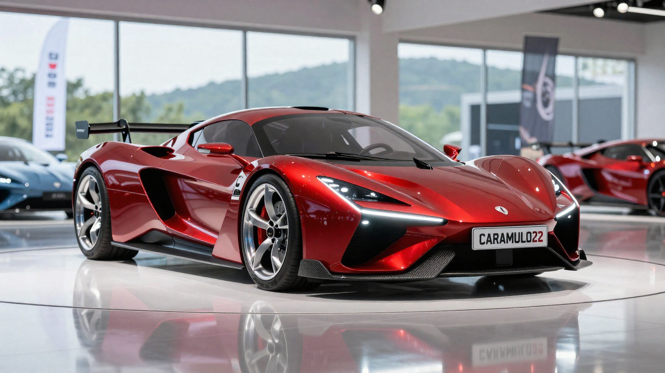 Carro esportivo vermelho com design aerodinâmico em salão de automóveis com vidros grandes.